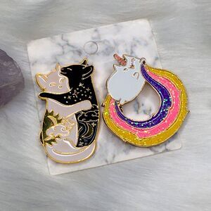 Rainbow Tail Unicorn Cat & White Sun Black Moon Kitty Hug Enamel Pin Set